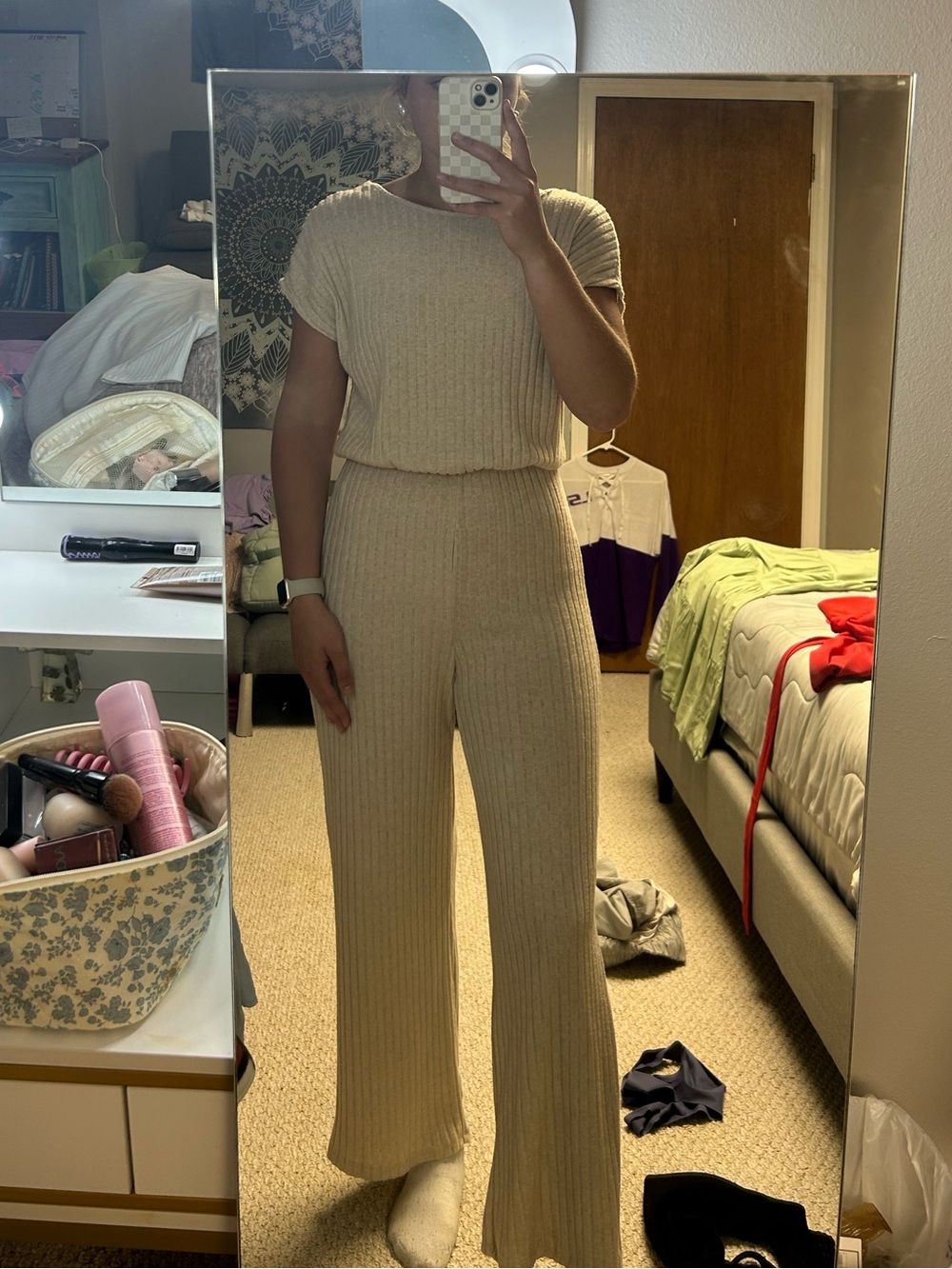 SHEIN Cream Ribbed Wide-Leg Jumpsuit